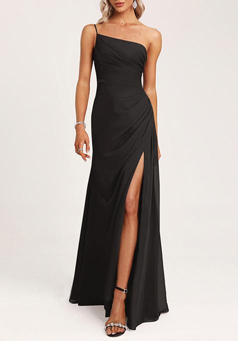 Black A-line One Shoulder Floor-Length Georgette Gown