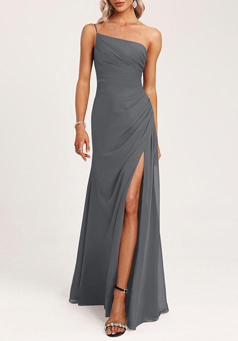 Steel Grey A-line One Shoulder Floor-Length Georgette Gown