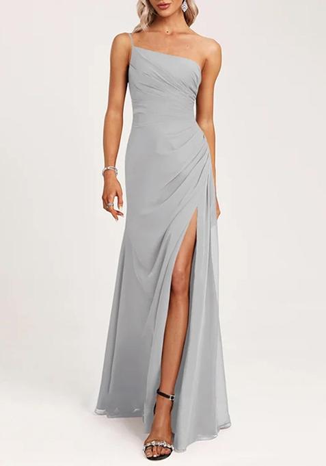 Silver A-line One Shoulder Floor-Length Georgette Gown