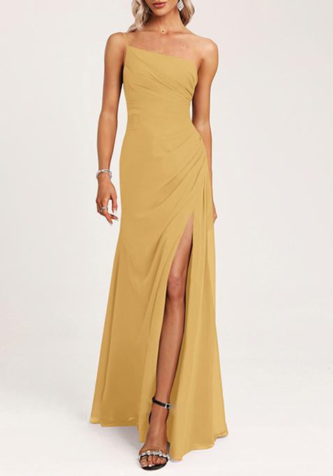 Papaya Orange A-line One Shoulder Floor-Length Georgette Gown