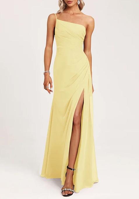 Yellow A-line One Shoulder Floor-Length Georgette Gown