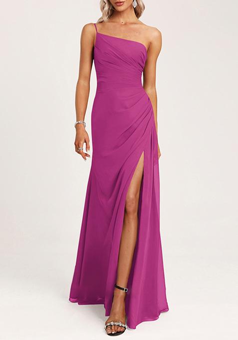 Fuchsia A-line One Shoulder Floor-Length Georgette Gown