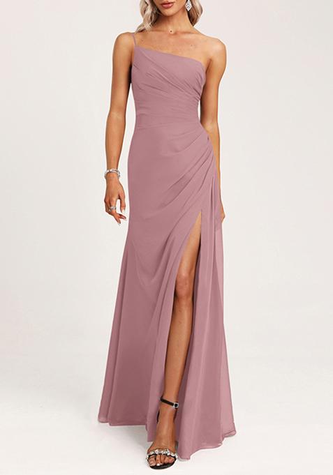 Mauve A-line One Shoulder Floor-Length Georgette Gown