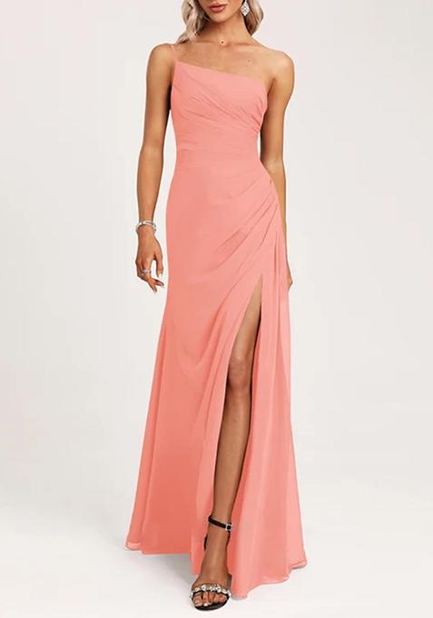 Coral A-line One Shoulder Floor-Length Georgette Gown