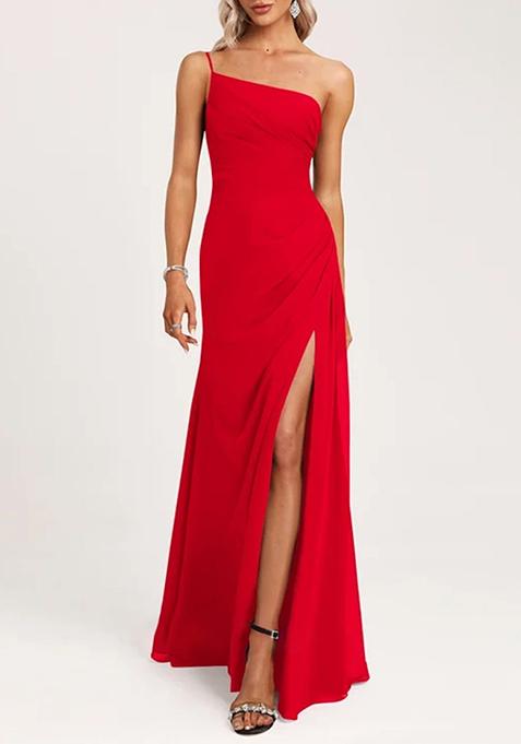 Red A-line One Shoulder Floor-Length Georgette Gown