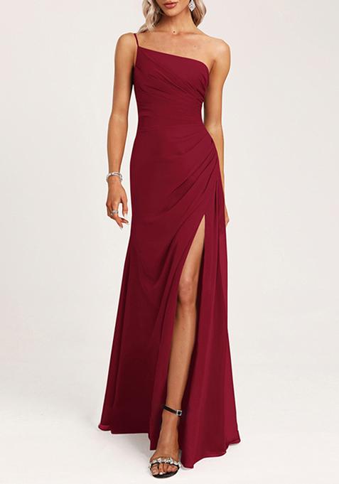 Burgundy A-line One Shoulder Floor-Length Georgette Gown