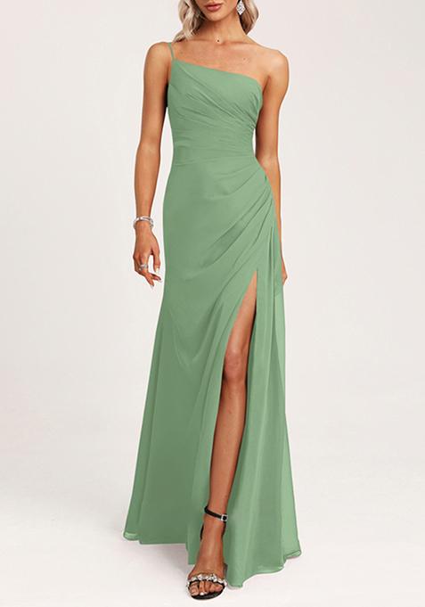 Basil Green A-line One Shoulder Floor-Length Georgette Gown