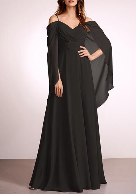 Black A-line V-Neck Floor-Length Georgette Gown