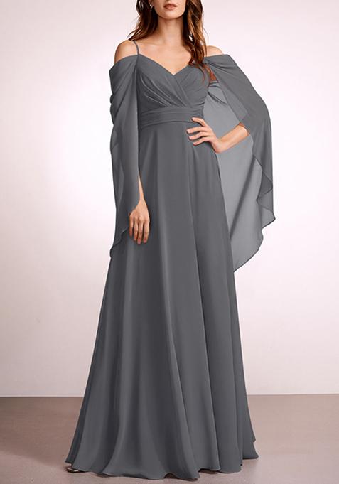 Steel  Grey A-line V-Neck Floor-Length Georgette Gown