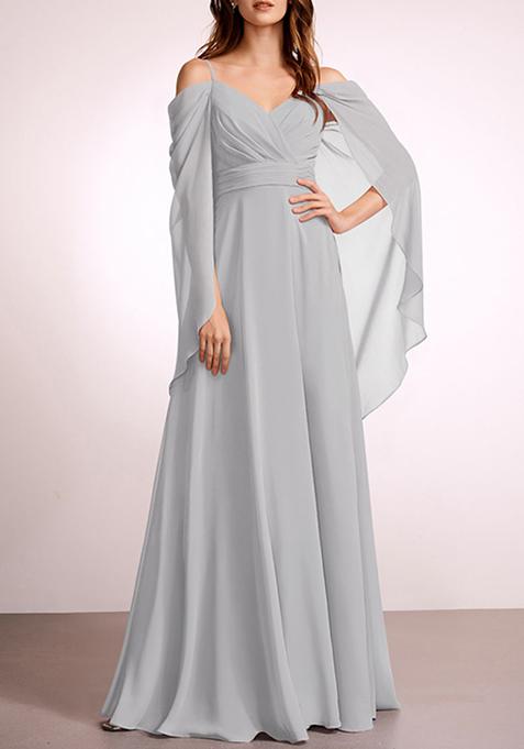 Silver A-line V-Neck Floor-Length Georgette Gown