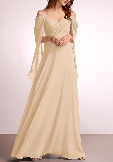 Papaya Orange A-line V-Neck Floor-Length Georgette Gown