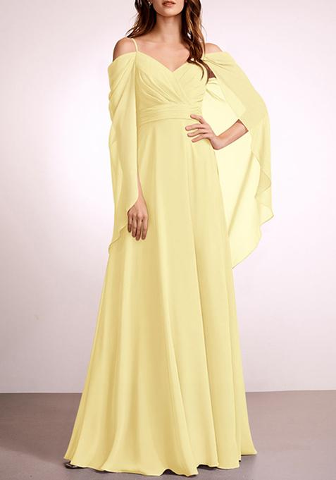 Yellow A-line V-Neck Floor-Length Georgette Gown