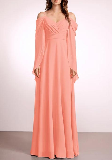 Coral A-line V-Neck Floor-Length Georgette Gown