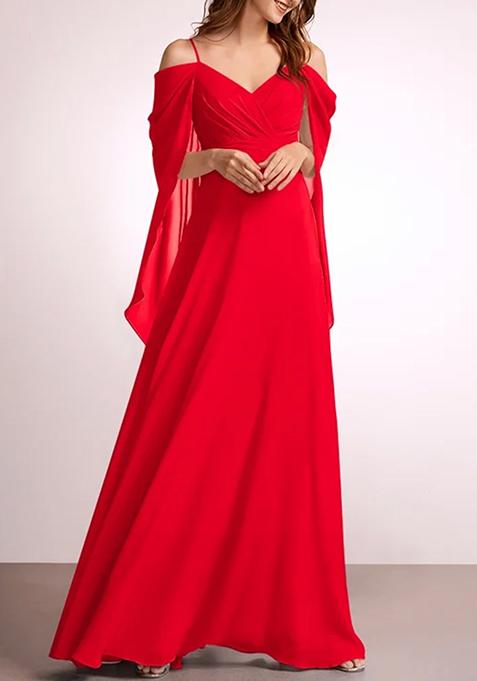 Red A-line V-Neck Floor-Length Georgette Gown