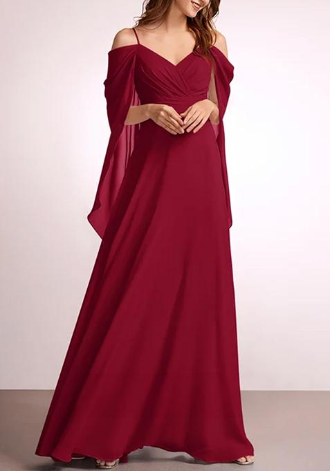 Burgundy A-line V-Neck Floor-Length Georgette Gown