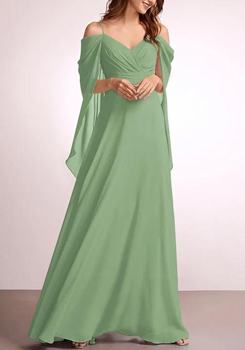 Basil Green A-line V-Neck Floor-Length Georgette Gown