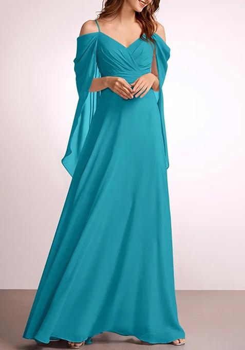 Blue A-line V-Neck Floor-Length Georgette Gown