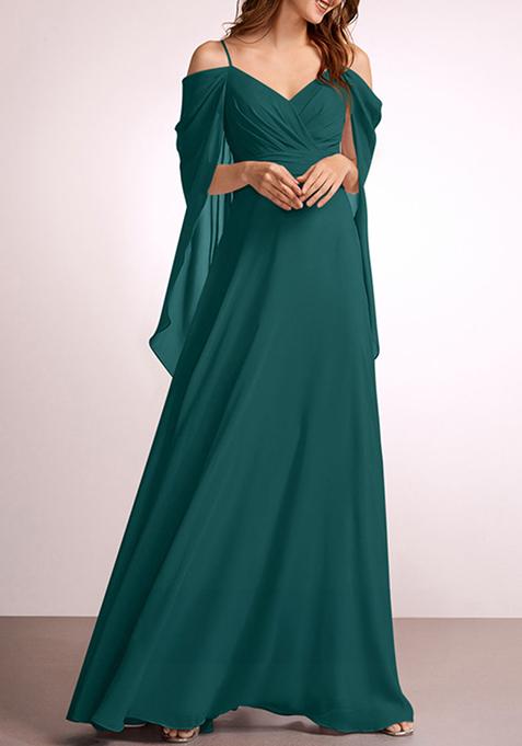 Dark Green A-line V-Neck Floor-Length Georgette Gown