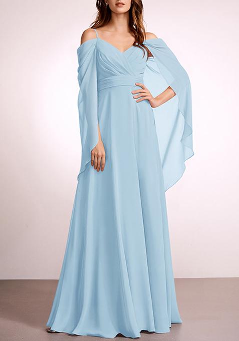 Light Blue A-line V-Neck Floor-Length Georgette Gown