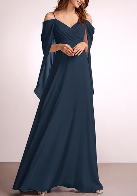 Dark Navy A-line V-Neck Floor-Length Georgette Gown