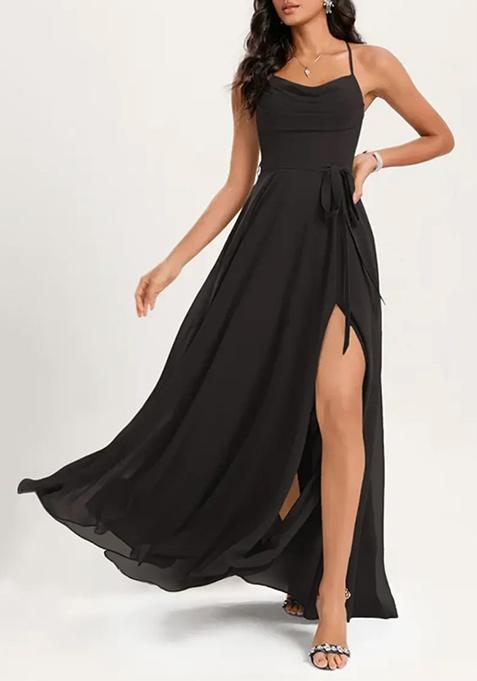 Black A-line Cowl Neck Floor-Length Georgette Gown