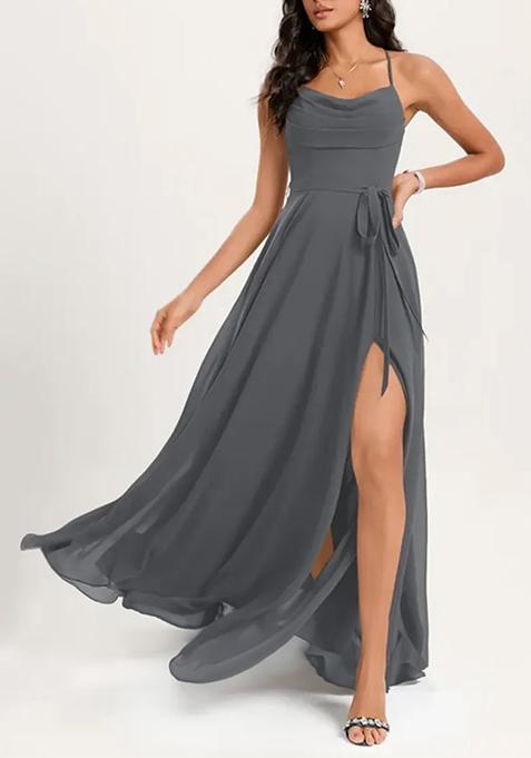 Steel  Grey A-line Cowl Neck Floor-Length Georgette Gown