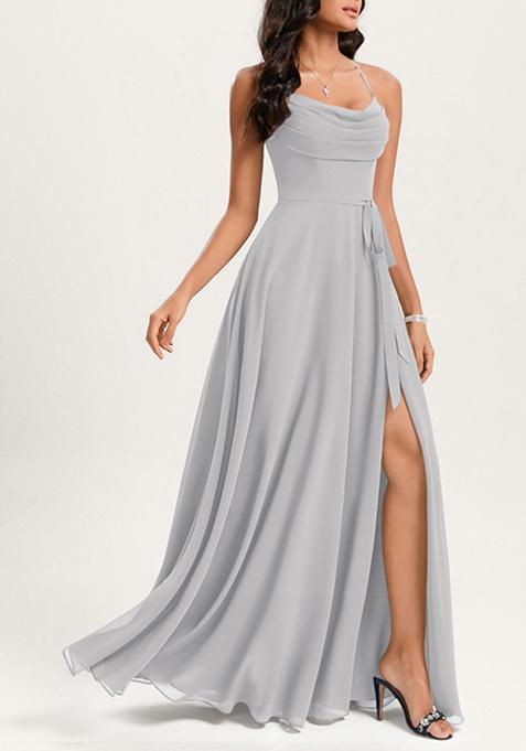 Silver A-line Cowl Neck Floor-Length Georgette Gown