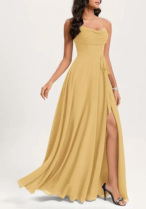 Papaya Orange A-line Cowl Neck Floor-Length Georgette Gown