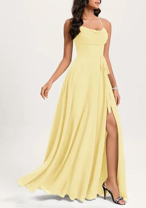 Yellow A-line Cowl Neck Floor-Length Georgette Gown