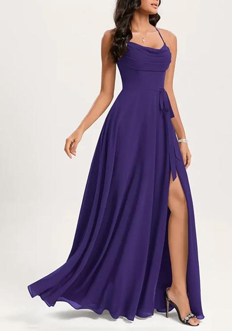 Purple A-line Cowl Neck Floor-Length Georgette Gown