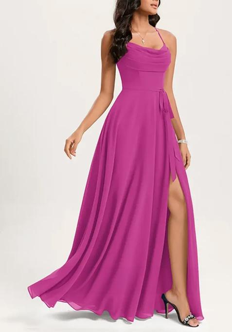 Fuchsia A-line Cowl Neck Floor-Length Georgette Gown