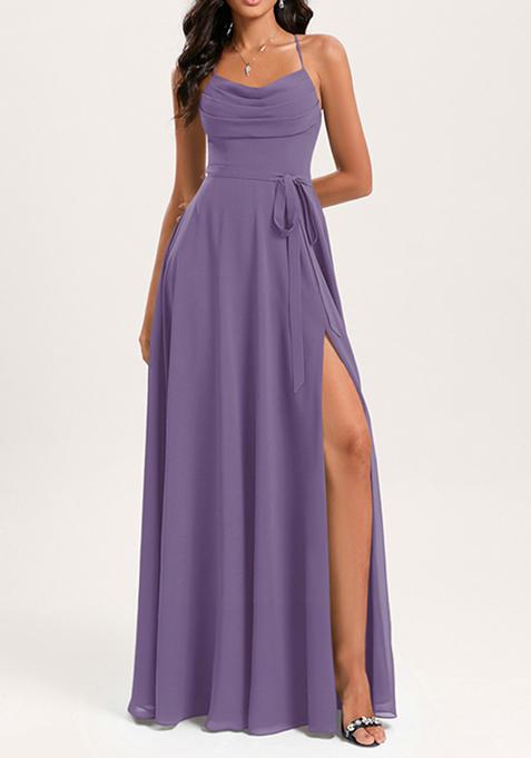 Lavender A-line Cowl Neck Floor-Length Georgette Gown