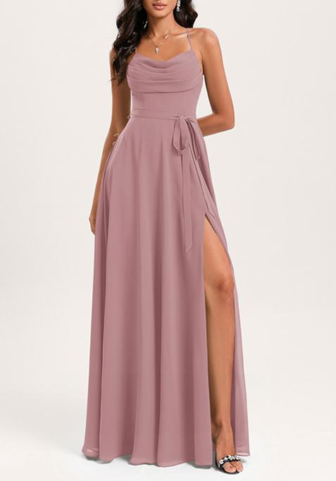 Mauve A-line Cowl Neck Floor-Length Georgette Gown