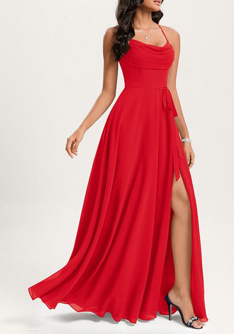 Red A-line Cowl Neck Floor-Length Georgette Gown