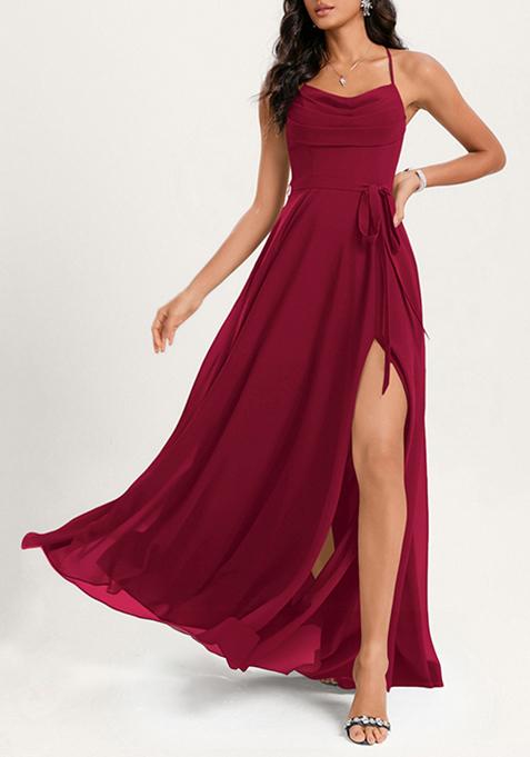 Burgundy A-line Cowl Neck Floor-Length Georgette Gown