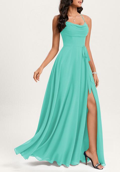 Spa Blue A-line Cowl Neck Floor-Length Georgette Gown