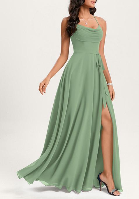 Basil Green A-line Cowl Neck Floor-Length Georgette Gown