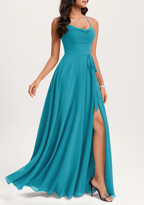 Blue A-line Cowl Neck Floor-Length Georgette Gown