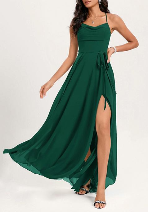 Dark Green A-line Cowl Neck Floor-Length Georgette Gown