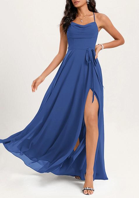 Royal Blue A-line Cowl Neck Floor-Length Georgette Gown