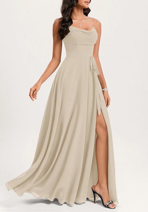 Sand Beige A-line Cowl Neck Floor-Length Georgette Gown