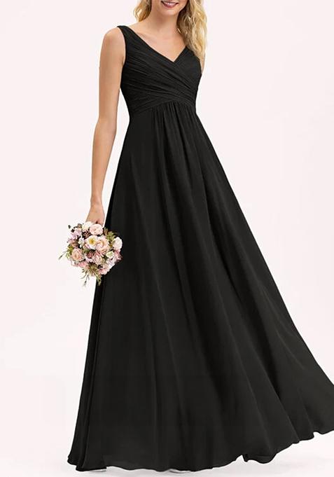 Black A-line V-Neck Floor-Length Pleated Georgette Gown