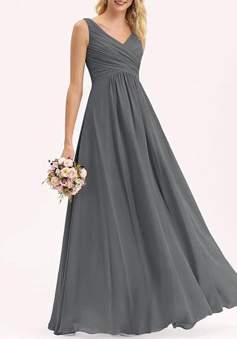 Steel  Grey A-line V-Neck Floor-Length Pleated Georgette Gown