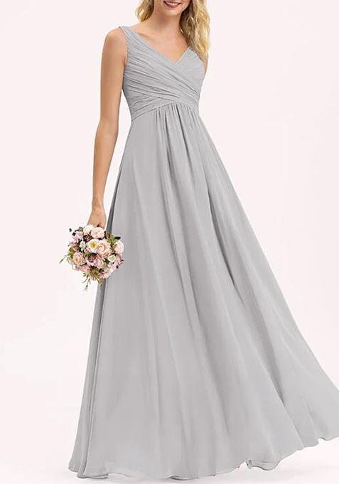 Silver A-line V-Neck Floor-Length Pleated Georgette Gown