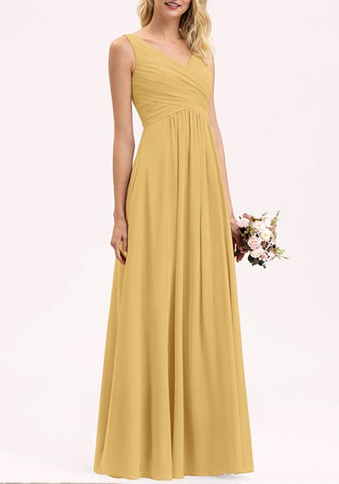 Papaya Orange A-line V-Neck Floor-Length Pleated Georgette Gown