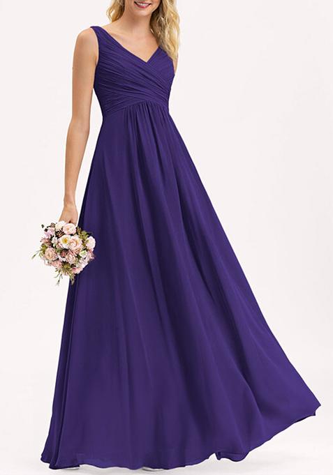 Purple A-line V-Neck Floor-Length Pleated Georgette Gown