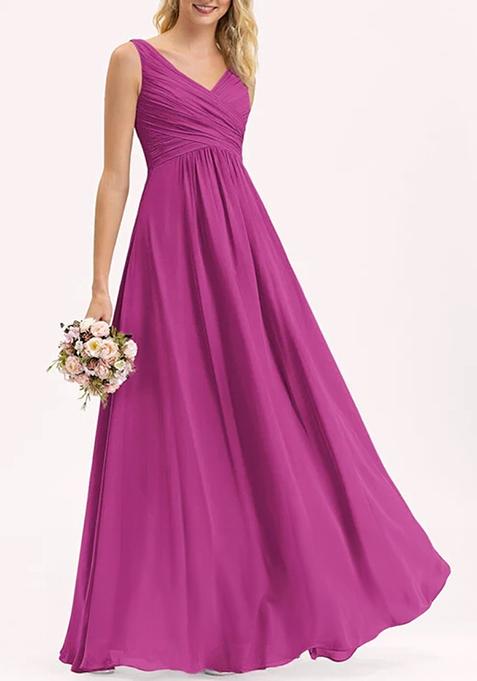 Fuchsia A-line V-Neck Floor-Length Pleated Georgette Gown