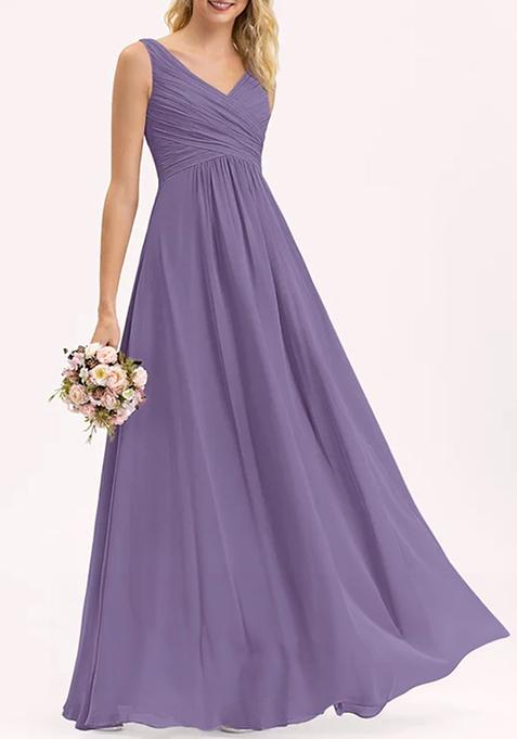 Lavender A-line V-Neck Floor-Length Pleated Georgette Gown