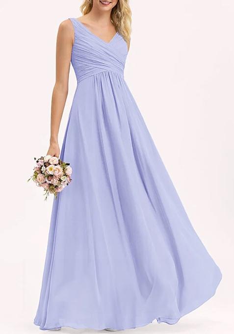 Lavender A-line V-Neck Floor-Length Pleated Georgette Gown