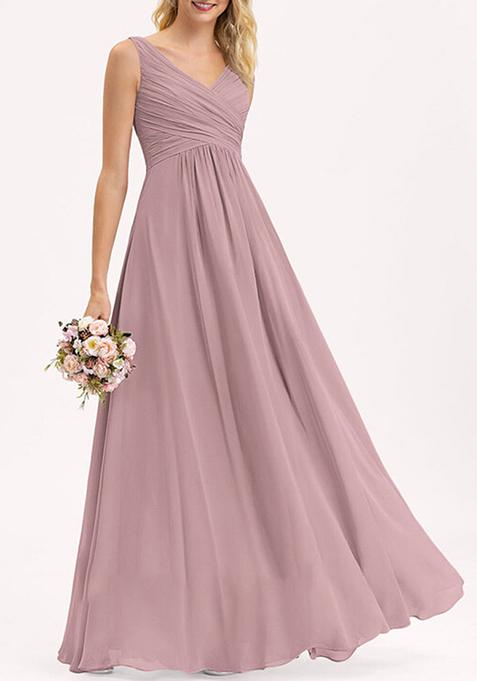 Mauve A-line V-Neck Floor-Length Pleated Georgette Gown